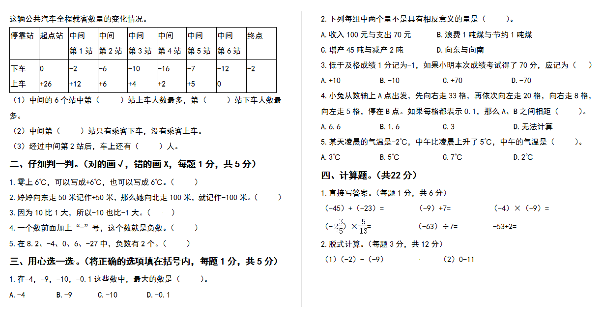 2021-2022学年 六年级数学下册第一单元负数检测卷（拓展卷）下载