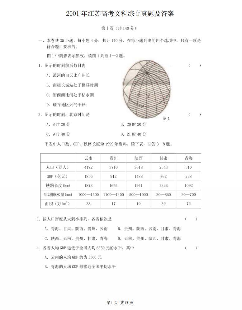 2001年江苏高考文科综合真题及答案.pdf免费下载