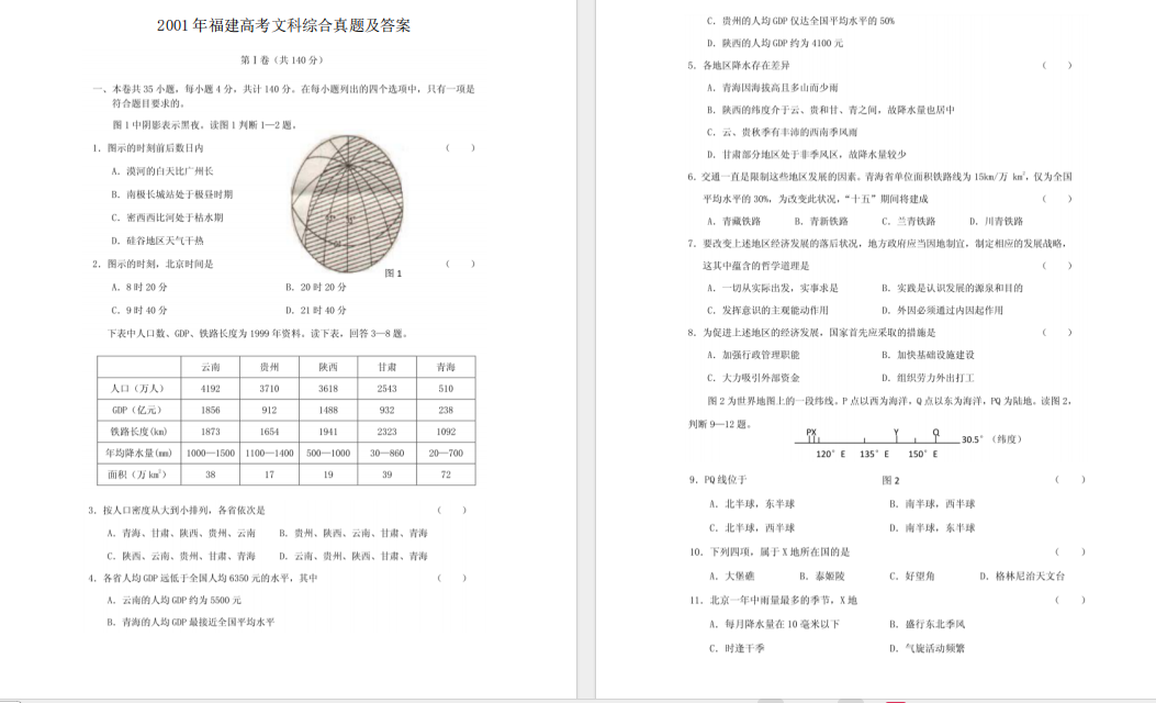 2001年福建高考文科综合真题及答案(图片版).pdf下载